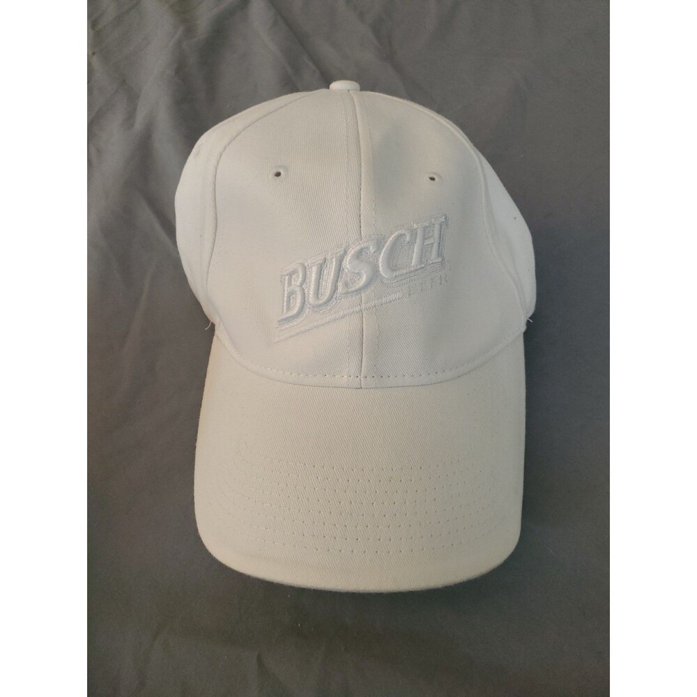 All White Busch Beer Hat Cap Drew Person Marketing Adjustable
